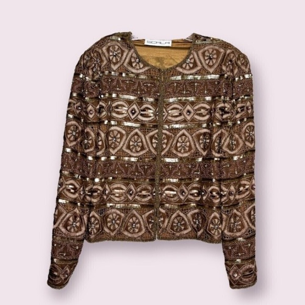 Vintage 80s SCALA Silk Beaded Sequin Blazer Copper Top Womens Size Small Medium